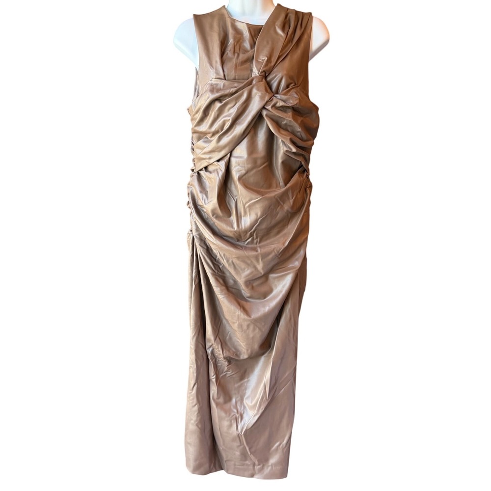 Express Body Contour Faux Leather Ruched Midi Dress Brown Shapewear Large NWT